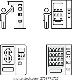 Vending machine usage line icon set with user interaction payment snack drink dispenser vector outline isolated on white background