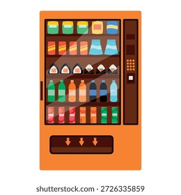 Máquina expendedora con varios alimentos y bebidas Ilustración vectorial plana. ventana transparente muestra una variedad de aperitivos, incluyendo papas fritas, latas de refrescos, botellas de jugo, botellas de agua y bolas de arroz onigiri japonés