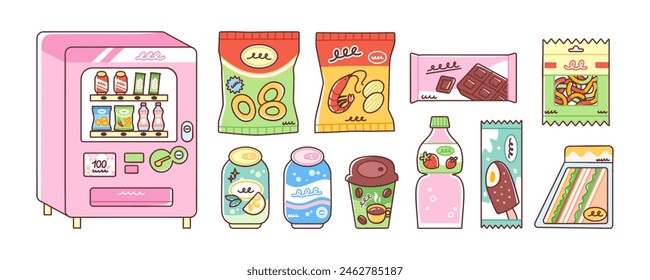 Máquina expendedora y varios aperitivos y bebidas. Ilustración vectorial de alimentos vendidos en máquinas expendedoras como papas fritas, aros de cebolla, latas de refrescos y bocadillos. Aislado sobre fondo blanco.