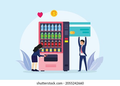 Vending machine vector concept. Two young people buying snack and drinks on the vending machine while paying by using a credit card