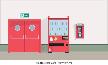  Vending machine vector. Exit door and pay phone vector. free space for text.