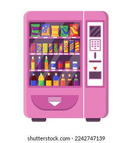 Vending machine  Vector illustration automatic shop selling drinks in can bottles   food snacks  Cartoon front view bar store equipment isolated white  Retail concept