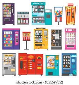 Vending machine vector vend food or beverages and vendor machinery technology to buy snack or drinks illustration set isolated on white background