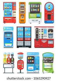 Vending machine vector vend food or beverages with candies and vendor machinery technology to buy snack or drinks illustration set isolated on white background