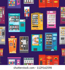 Vending machine vector vend food or beverages and vendor machinery technology to buy snack or drinks illustration set seamless pattern background