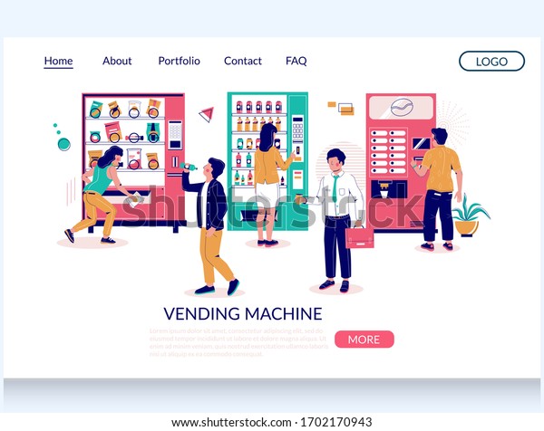Vending machine vector website template,\
landing page design for website and mobile site development.\
Automatic machines dispensing coffee, snacks, soda in exchange for\
money. Self-service\
technology.
