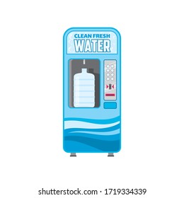 Vending machine for water selling isolated cartoon vector icon. Automat for pure fresh aqua with place for plastic bottle, slot for coins, push buttons and dispenser