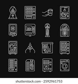 Vending machine white icon set on black background. Vector collection with gumball machine, toy machine, self-service ticket machine, digital payment kiosk, jukebox, photo both. Editable stroke.