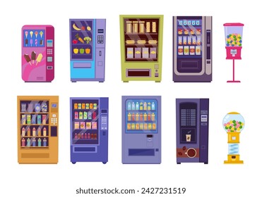 vending machines. automatic sale consumer goods, set of isolated coffee vending, cartoon minimalistic flat snack food service. vector cartoon flat items collection.