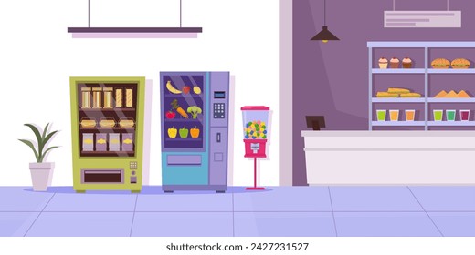 vending machines background. automatic sale consumer goods, supermarket background, cartoon minimalistic flat snack food service. vector flat cartoon market background.