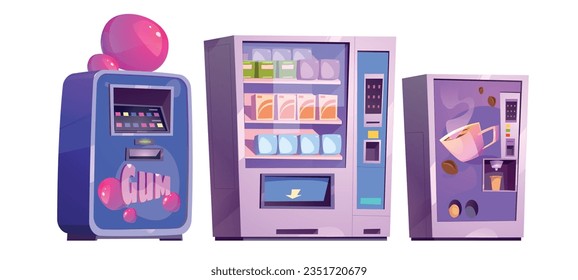 Máquinas expendedoras de chicle, tentempiés y café. Equipamiento para la alimentación y bebida automáticas. Cómodos dispensadores automáticos de venta al por menor llenos de paquetes de productos. Vector de dibujos animados.