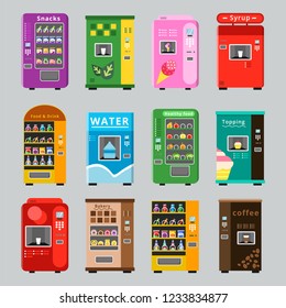 Vending machines collcetion. Merchandise concept with automatic selling various snacks water coffee and crisp food vector pictures