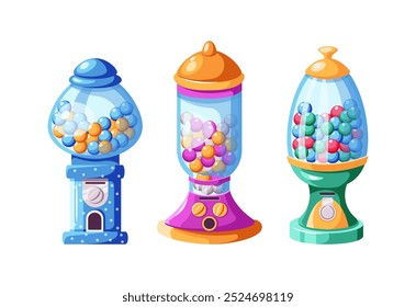 Vending machines of different designs with gumballs and chews flat color icons set. Round glass containers with candies illustrations bundle