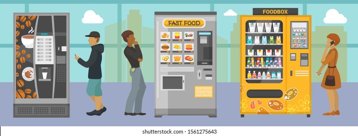Vending machines with different food and drinks vector illustration. People woman man choosing various snacks beverages coffee crackers cookie hamburger from automats standing indoor.