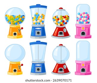 Vending machines. Dispensers empty and with colorful chewing gums. Food selling slot equipment. Gashapon balls. Caramel sweets distributor. Bubble dispense. Gacha
