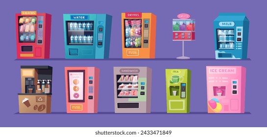 Vending machines. Drinks coffee soda fast food and snacks in vending automat exact vector templates