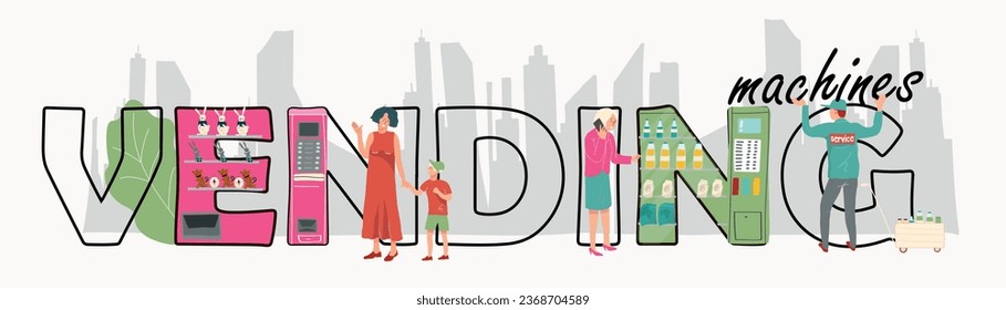 Vending machines flat text composition with characters of worker in uniform and consumers choosing goods vector illustration