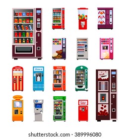 Vending machines icons set with toys water and coffee machines flat isolated vector illustration 