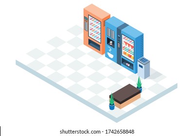 Vending machines installed in an office or business center. The location has flowers, a bench and a trash bin. Sale of snacks, soda and coffee through vending machines. Vector isometric illustration.