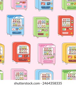 Vending machines seamless pattern. Vector illustration of vending machines selling beverages and snacks. Soda cans, water bottles and bags of chips on sale. Colorful flat style.
