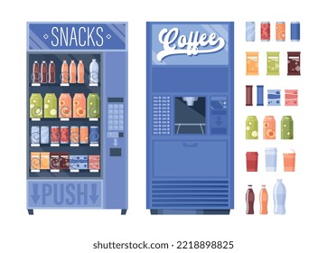 Vending machines set. Collection of devices, apparatus and tasty sugar products. Soda, juices and snacks. Beverage, delicacy and dessert. Cartoon flat vector illustrations isolated on white background