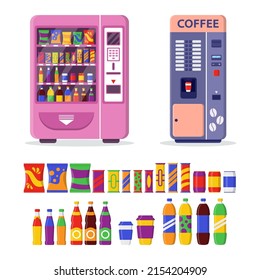 Vending machines set. Vector illustrations of automatic shop selling drinks in can or bottles and food snacks. Cartoon front view of bar or store equipment isolated white. Retail, product concept