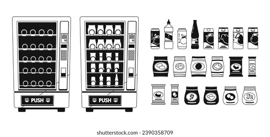 Vending Machines With Snacks And Beverages Black And White Icons Set. Modern Devices Offering A Tempting Array Of Treats