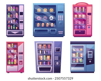 Vending machines with snacks inside. Food and drinks automatic seller. Machine for sell chocolate, burger water in public space, nowaday vector set