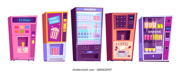 Máquinas expendedoras de tentempiés, palomitas de maíz, café y bebidas frías aisladas de fondo blanco. Servicio de proveedor, concepto de negocio automático de productos al por menor. Ilustración vectorial de dibujos animados, conjunto de iconos