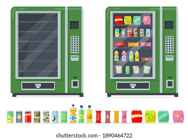 Vending machines and snacks set. Chips, bars, canned drinks and automate with empty shelves. Vector illustrations collection for fast food, automatic retailer concept