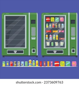 vending machines snacks set chips bars canned drinks automate with empty shelves vector design illustration