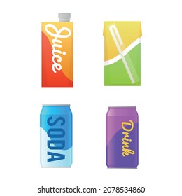 Vending products. Beverages package. Non-alcoholic drinks for automated machine. Refreshment water and juice bottles. Carbonated soda cans. Vector cardboard or metal containers set