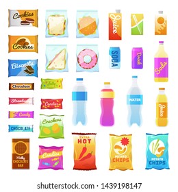Vending products. Beverages and snack plastic package, fast food snack packs, biscuit sandwich. Drinks water juice flat vector cracker chips and snacking junk bar icons