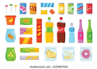 Set mit flachen Symbolen. Waren aus dem Supermarkt. Doughnüsse, Flaschen kohlensäurehaltiges Süßwasser, Sandwich, Kekse und Chips in Packung. Lebensmittelverpackungen. Farbisolierte Illustrationen