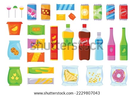 Vending products flat icons set. Goods from supermarket. Doughnuts, bottles of carbonated sweet water, sandwich, cookies and chips in package. Food packaging. Color isolated illustrations