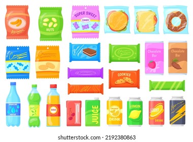 Vending products. Sandwich chips snacks packets, candy snack in wrapper package food bar machine, water drinks juice soda beverage crisp cracker packaging, vector illustration of sandwich and packet