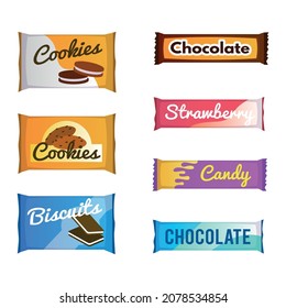 Vending Products. Snack Package. Fast Food Packs. Chocolate And Biscuit. Isolated Packaging For Cookie Or Candy. Cracker Packet. Unhealthy Meal. Sweets Wrapper. Vector Dessert Sachets Set