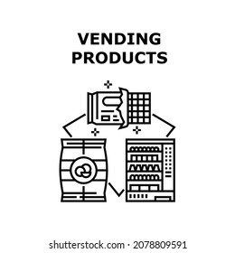 Concepto de iconos vectores de productos de venta. Productos Vendedores En Máquina, Chips Y Chocolate Paquete Snack Y Comida Vendiendo En Equipo Automático. Deliciosa Nutrición Ilustración Negra