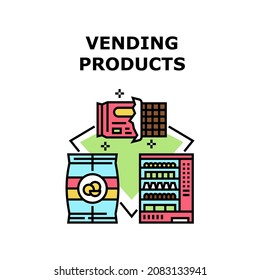 Vending Products Vector Icon Concept. Vending Products In Machine, Chips And Chocolate Package Snack And Food Selling In Automatically Selling Equipment. Delicious Nutrition Color Illustration