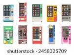 Vending snack machine. Automatic vendor for food sale, drinks, chocolates, sandwiches and chips assortment, selling service, fresh coffee and clean water cartoon flat isolated tidy vector set