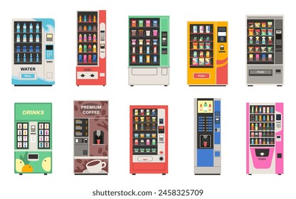 Vending snack machine. Automatic vendor for food sale, drinks, chocolates, sandwiches and chips assortment, selling service, fresh coffee and clean water cartoon flat isolated tidy vector set