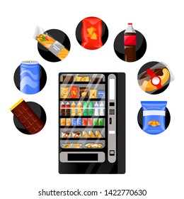 Vending snacks automatic machine and fast food products icons around. Vector flat cartoon illustration, isolated on white background. Meal and drinks selling service.