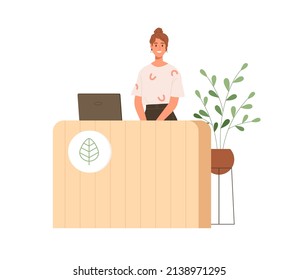 Vendor behind counter desk of organic store. Happy smiling woman standing at reception in green eco-friendly shop with healthy vegan products. Flat vector illustration isolated on white background