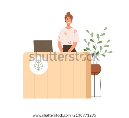 Vendor behind counter desk of organic store. Happy smiling woman standing at reception in green eco-friendly shop with healthy vegan products. Flat vector illustration isolated on white background