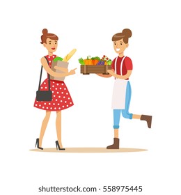 Vendor Bringing Crate Of Vegetables To Buyer, Farmer Working At The Farm And Selling On Natural Organic Product Market