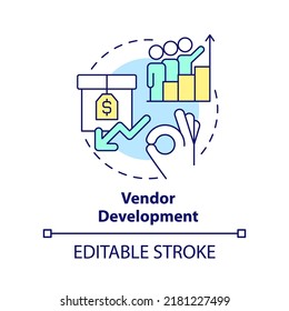 Vendor development concept icon. Sourcing strategy abstract idea thin line illustration. Supply chain management. Isolated outline drawing. Editable stroke. Arial, Myriad Pro-Bold fonts used