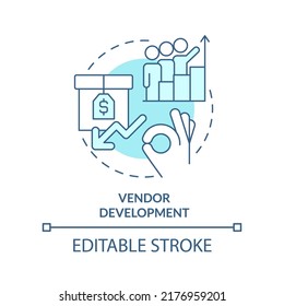 Vendor development turquoise concept icon. Sourcing strategy abstract idea thin line illustration. Manage supply chain. Isolated outline drawing. Editable stroke. Arial, Myriad Pro-Bold fonts used