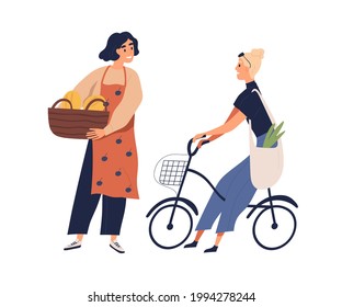 Vendor with fruit and vegetable basket talking with buyer on bicycle and selling organic farm goods. Local greengrocer and customer. Colored flat vector illustration isolated on white background