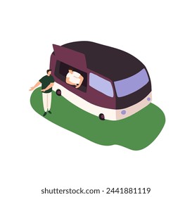 Vendor in kiosk van communicates with customer. Seller in food truck talks with buyer, sells takeaway snacks. Outdoor cafe trailer. Stall in park. Flat isolated vector illustration on white background