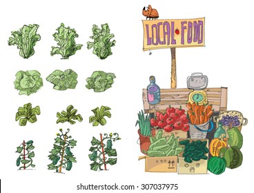 vendor of locally grown produce - cartoon